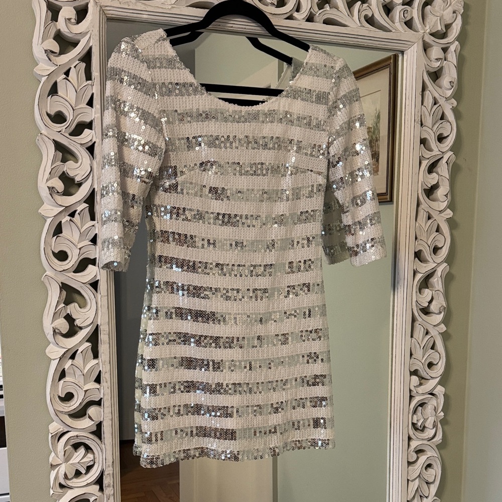 Silver and white sequin mini dress